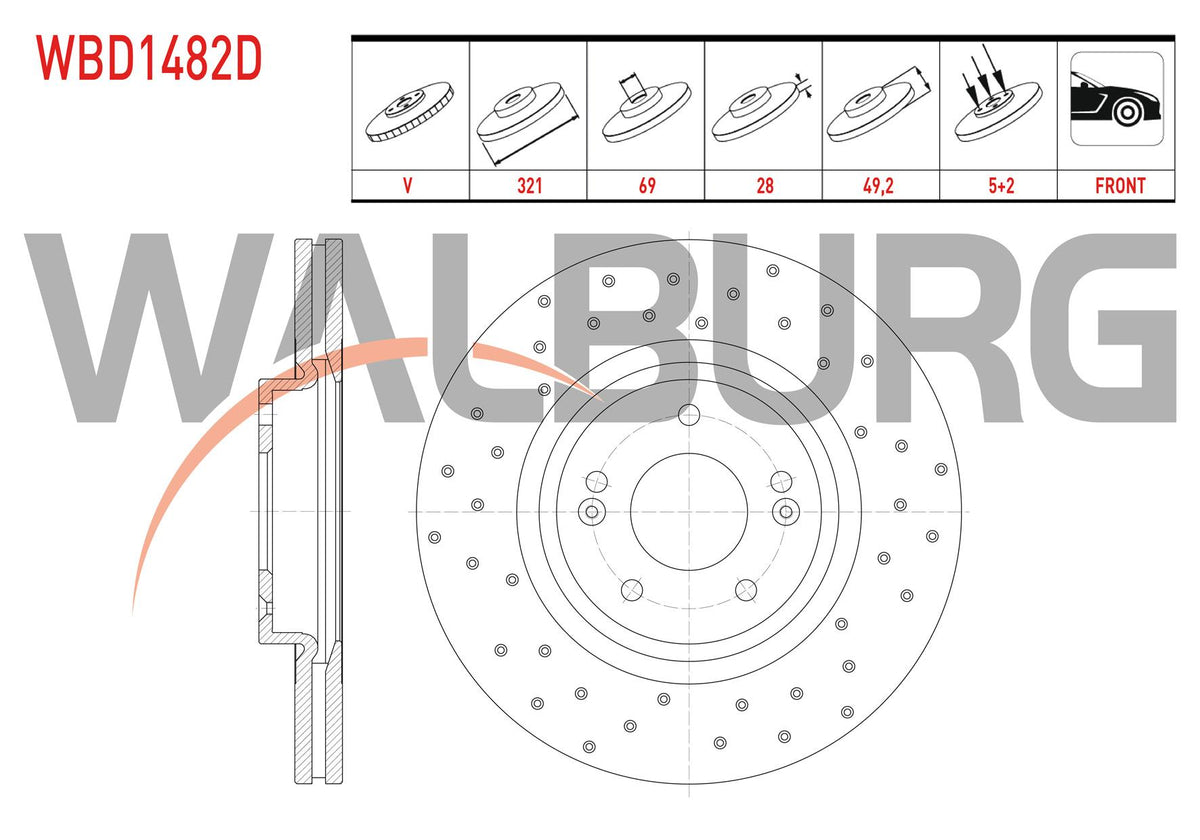 WALBURG WBD1482D Brake Disc Front Air Performance Drilled 5 Bjn 321X28x69x49 — Brake Rotors & Drums