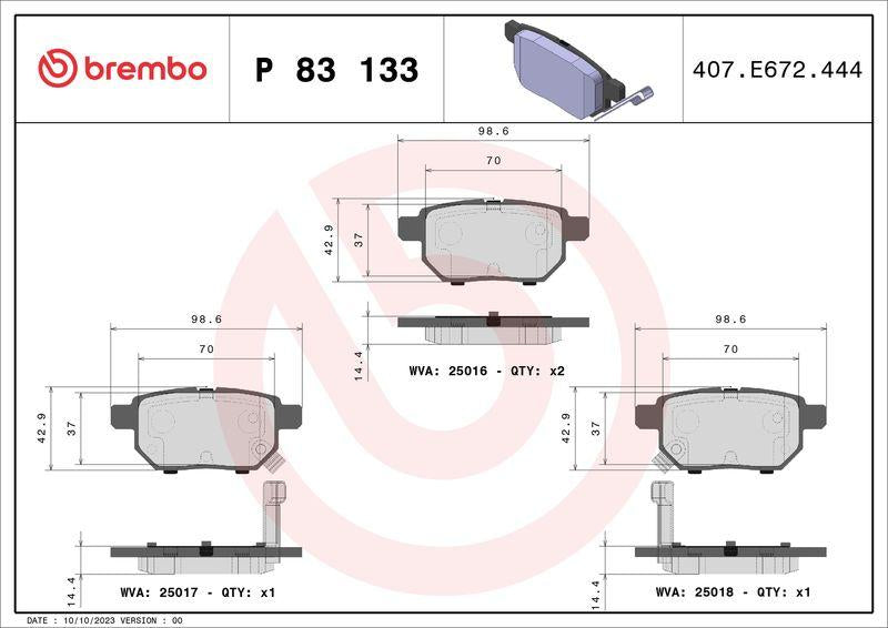 Brembo P83133 Brake Pad Rear-(Toyota Corolla 07 / 12 / Corolla 13 / Auris 07 / 12 Gasoline) — Brake Pads