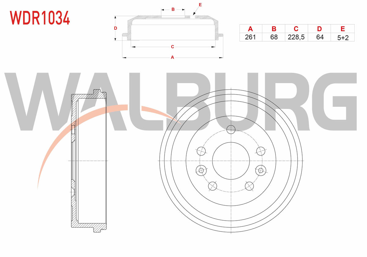 WALBURG WDR1034 Brake Drum Rear 5 Hole 261X68x228,5X64 Dacia Duster 1.5 dCi-1.6 16V 4X4 2009-2012 / Du — Brake Rotors & Drums