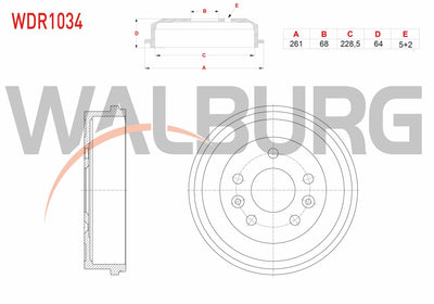 WALBURG WDR1034 Brake Drum Rear 5 Hole 261X68x228,5X64 Dacia Duster 1.5 dCi-1.6 16V 4X4 2009-2012 / Du — Brake Rotors & Drums