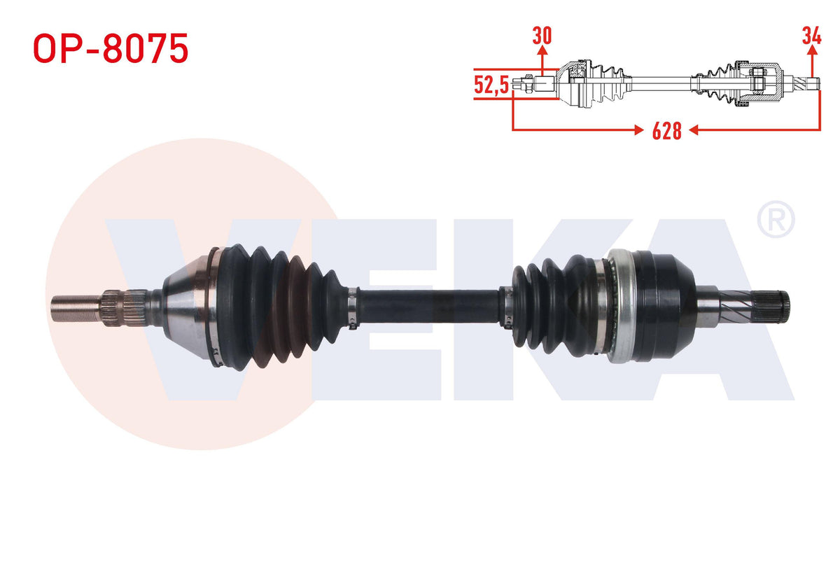 Veka OP-8075 Complete Axle Left Front Length 628mm Opel Vectra C 2.0 DTi 2002-2008 — Axles, CV Joints & Boots