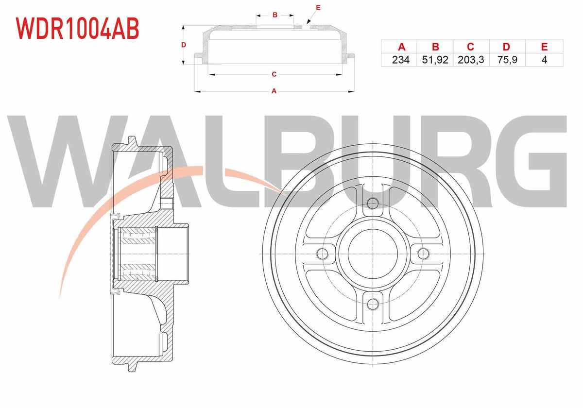 WALBURG WDR1004AB Brake Drum Rear with Bearing with ABS 4 Hole 234X51, 92X203 and 2 more models — Brake Rotors & Drums