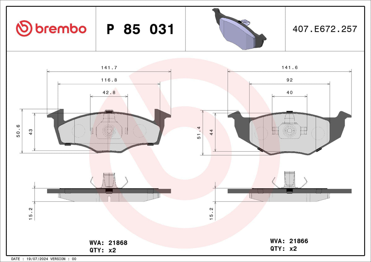 Brembo P85031 Front Brake Pad VW Golf 92> / Polo 97-02 / Seat Ibiza 97-02 — Brake Pads