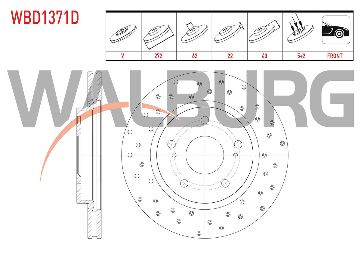 WALBURG WBD1371D Brake Disc Front Air Performance Drilled 5 Bjn 272X22x62x40 Suzuki Swift IV (Fz,Nz) 1.2 2010-/ Swift IV (Fz,Nz) 1.3 2010-| Set of 2