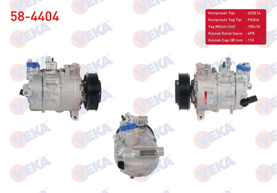 Veka 58-4404 A/C Compressor 6Pk 110mm Audi A3 1.6 TDI 2003-2012 / Seat Leon 1.6 TDI 2005-2012 / Skoda Fabia II 1.6 TDI 2006-2