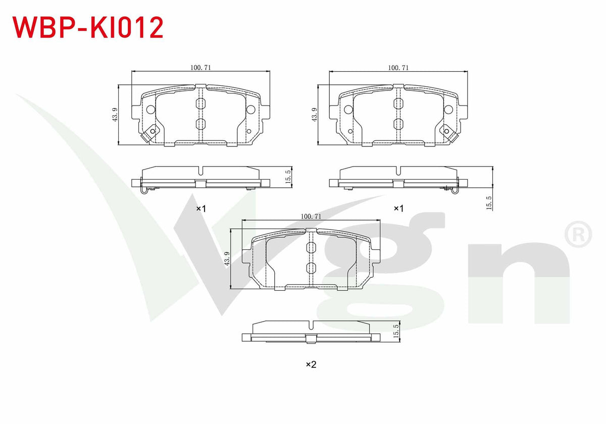WGN WBP-KI012 Brake Pad Rear with Wear Indicator Kia Carens III 2.0 CRDi 2006-/ Sportage 1.6 GDI 4X2 17 Rim 2010-/ Hyundai Ix35 (Lm) 1.6 GDI 4X2 17 Rim 2010
