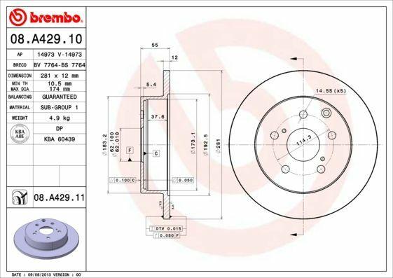 BREMBO Brake Disc 08.A429.10 - Solid 281-5 for Toyota Rav4 (2006-2011, 2013 and newer) — Brake Rotors & Drums