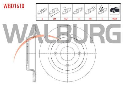 WALBURG WBD1610 Brake Disc Rear Straight 4 Bjn 253X12x63,5X40 — Brake Rotors & Drums