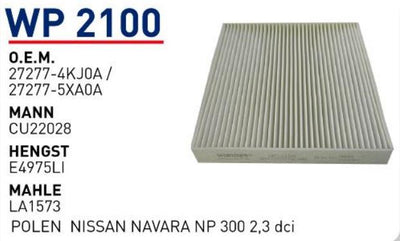 Wunder WP2100 Nissan Navara NP300 2.3 Diesel 2015- Cabin Air Filter
