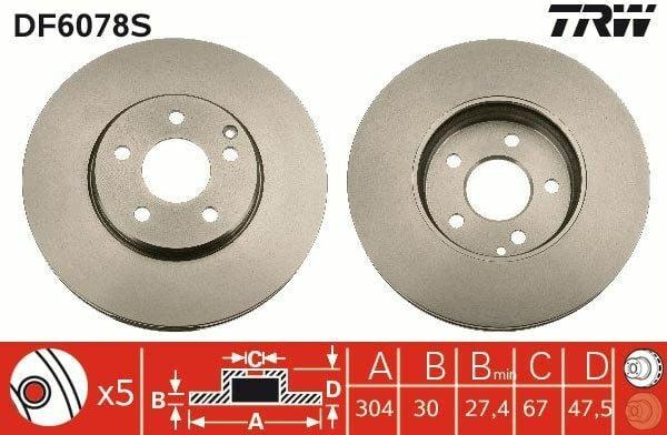 TRW DF6078S Brake Disc for Mercedes-Benz - Ventilated Disc, 5 Holes — Brake Rotors & Drums