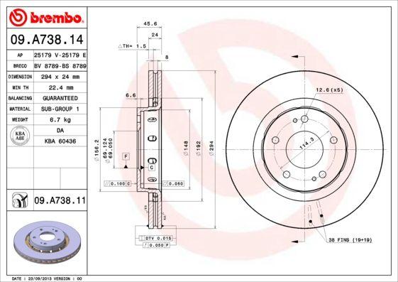 Brembo 09.A738.14 Brake Disc Front Citroen C4 AirCross 294mm C-Crosser 4007 Outlander Set