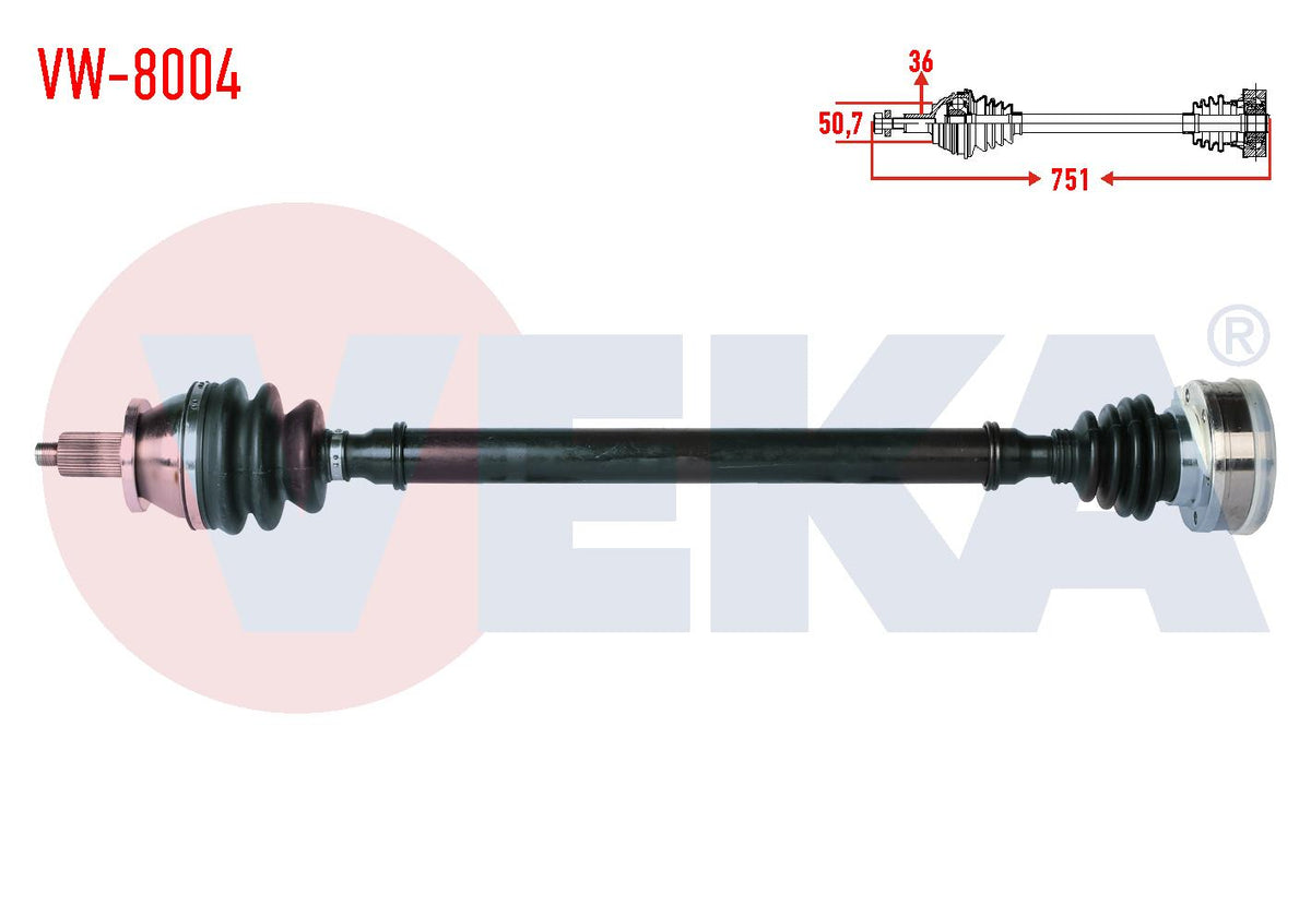 Veka VW-8004 Complete Axle Right Front Volkswagen Polo (9N_) 1.4i 16V Length 751mm 2001-2012 — Axles, CV Joints & Boots
