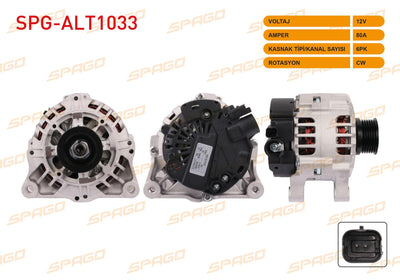 SPAGO SPG-ALT1033 Alternator 12V 80A 6Pk (Alt885) Partner Bipper 206 307 / Berlingo Nemo C5 Xsara (Gaso — Starting & Charging