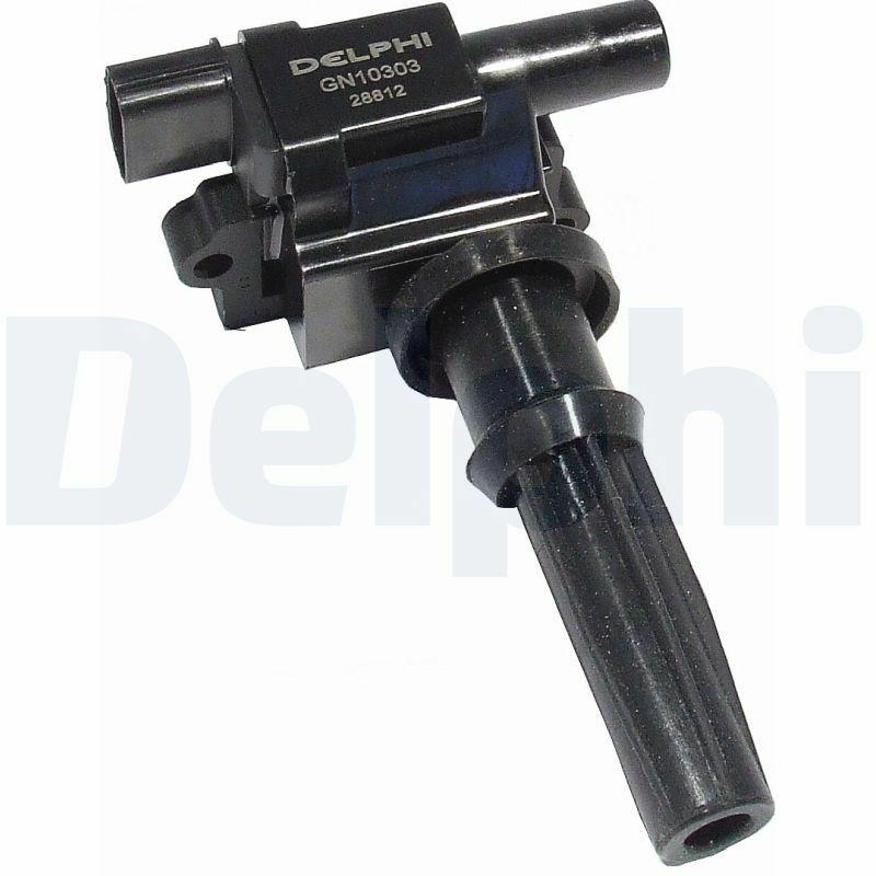 DELPHI GN10303-12B1 Ignition Coil for Santafe Sonata, Close-up of DELPHI Ignition Coil DELPHI GN10303-12B1 - Ignition Coil for Santafe/Sonata 2.4 16V (2001-2006) | Compatible Replacement DELPHI GN10303-12B1 Ignition Coil for Santafe/Sonata ignition-coil, delphi, santafe-ignition-coil, sonata-ignition-coil, car-parts, mechanics-tools, engine-performance, replacement-part, automotive-accessories, ai-generated
