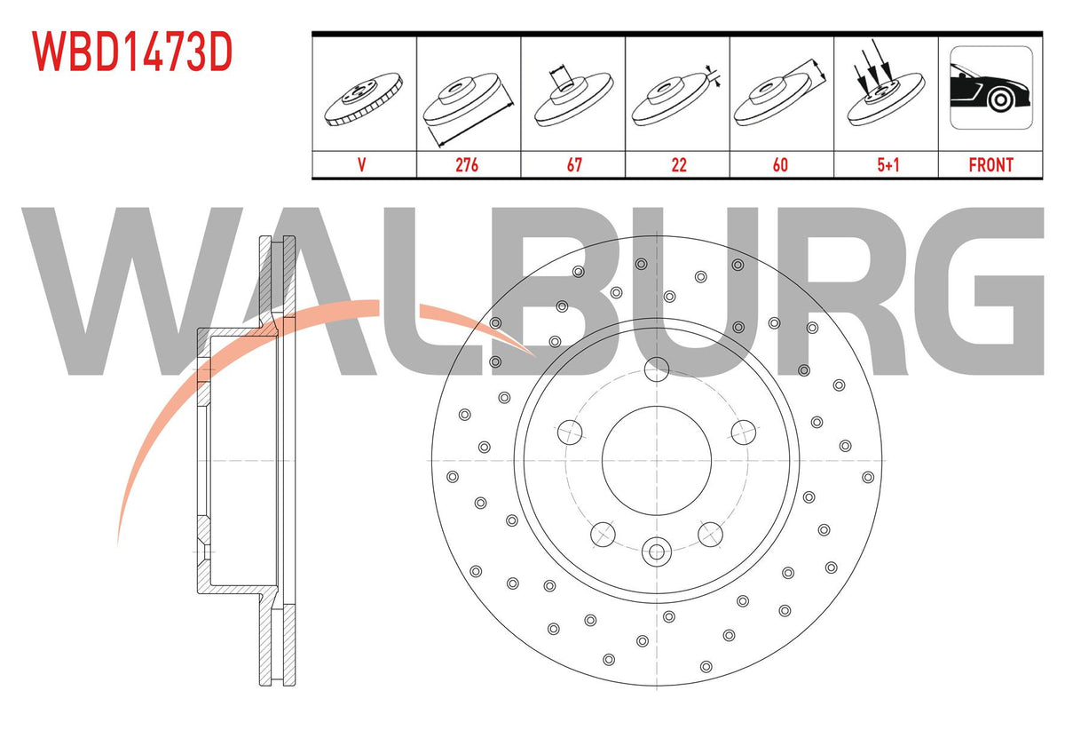 WALBURG WBD1473D Brake Disc Front Air Performance Drilled 5 Bjn 276X22x67x60mercedes Vito (638) 108 CD — Brake Rotors & Drums
