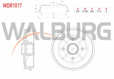 WALBURG WDR1017 Brake Drum Rear 4 Hole 247X51,92X203x71 — Brake Rotors & Drums