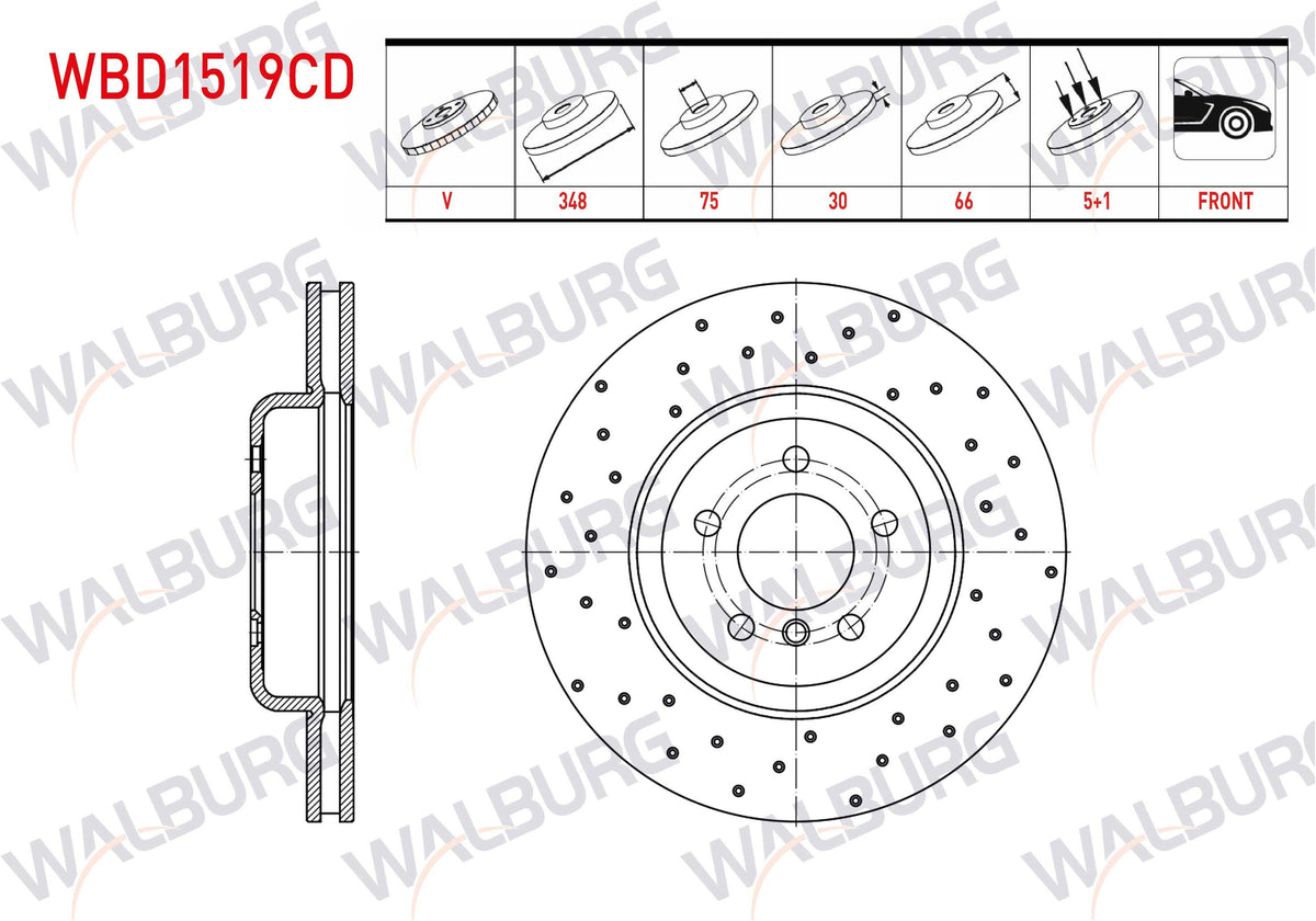 WALBURG WBD1519CD Brake Disc Front Air Coated Performance Drilled BMW 5 Series (F10) 525 D 5 Bjn 348X3 — Brake Rotors & Drums