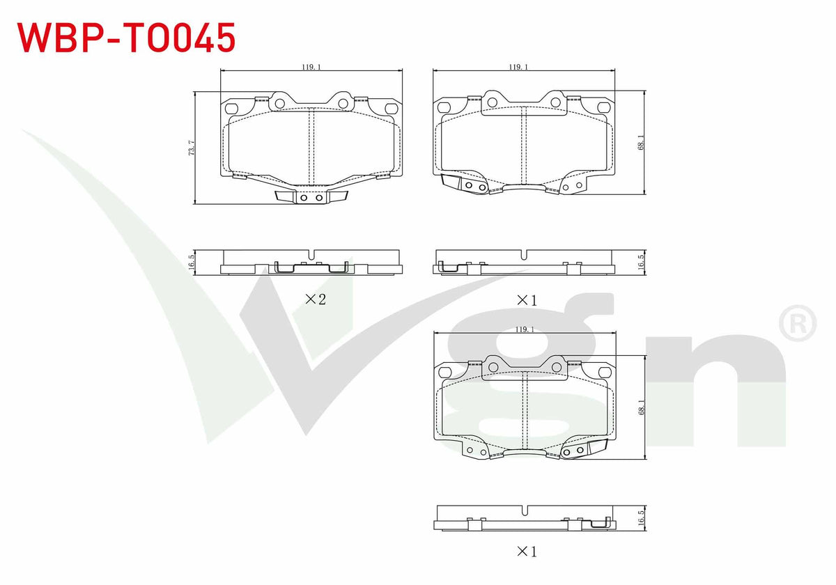 WGN WBP-TO045 Brake Pad Front Toyota HI-Lux Pick Up (_N_) 2.4 D 1983-2005 / HI-Lux Pick Up (_N_) 2.5 D 1983-2005 — Brake Pads