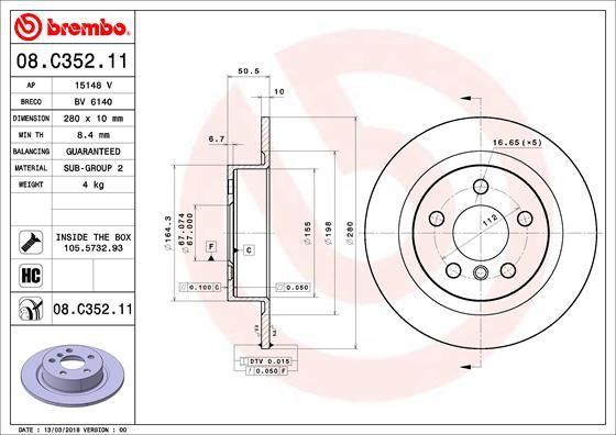 Brembo 08.C352.11 Brake Disc Rear BMW F39-F40-F44-F45-F46-F48-I1-U11 Mini F54-F56-F60 13-24 — Brake Rotors & Drums