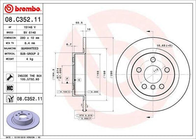 Brembo 08.C352.11 Brake Disc Rear BMW F39-F40-F44-F45-F46-F48-I1-U11 Mini F54-F56-F60 13-24 — Brake Rotors & Drums