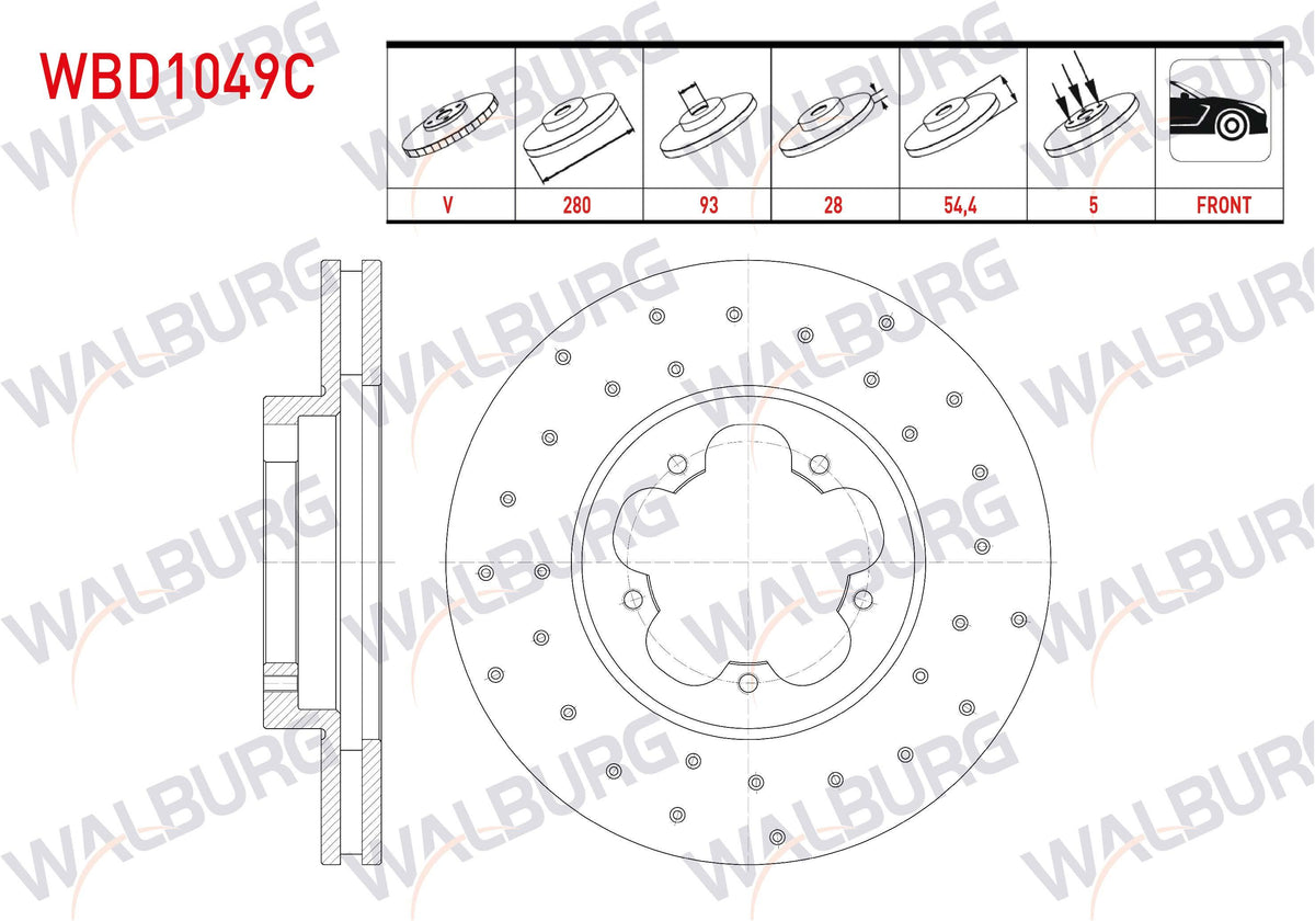WALBURG WBD1049C Brake Disc Rear Straight Coated 10 Bjn 280X16x107,5X16,3 Ford Transit (V348) 2.2 TDCi 2006-2014 / Transit 2.4 TDCi 2006-2014 / Transit 2.2 TDCi 2006-2014 / Transit 3.2 TDCi 20