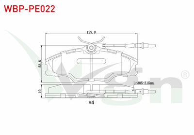 WGN WBP-PE022 Brake Pad Front with Connector Peugeot 406 (8B) 2.0 HDi 14 Rim 1995-2004 / 406 (8B) 2.0i 1995-2004 / Expert (222,223,224) 2.0 JTD 1996-2006
