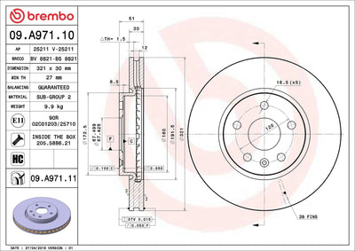 Brembo 09.A971.11 Brake Disc Front [321 / 30-27 mm]-(Opel Insignia / Saab 9-5) | Set of 2