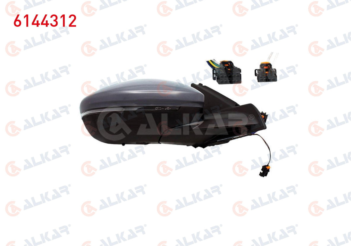 Alkar 6144312 Outer Rear View Mirror Right Electric Heated Primed Automatic Folding with Turn Signal with Temperature Sensor Lower with Lighting LED 12 Pin Opel Corsa F 2019-/ Peugeot 208 II 2019