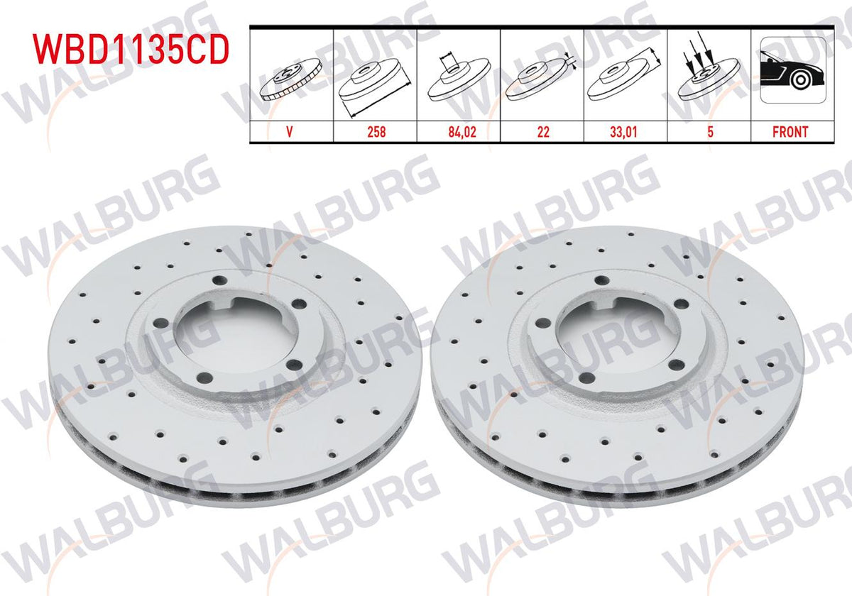 WALBURG WBD1135CD Brake Disc Front Air Coated Performance Drilled 5 Bjn 258, 1X22x84 and 4 more models — Brake Rotors & Drums