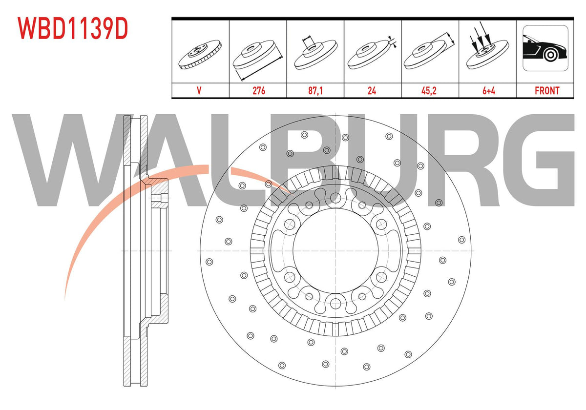 WALBURG WBD1139D Brake Disc Front Air Performance Drilled 6 Bjn 276X24x87,1X45,2 Mitsubishi L 200 (K7t,K6t) 2.5 D 4X4 1996-2007 / Pajero II 2.5 TD-2.8 TD-3.5 V6 4X4 1990-1999 | Set of 2