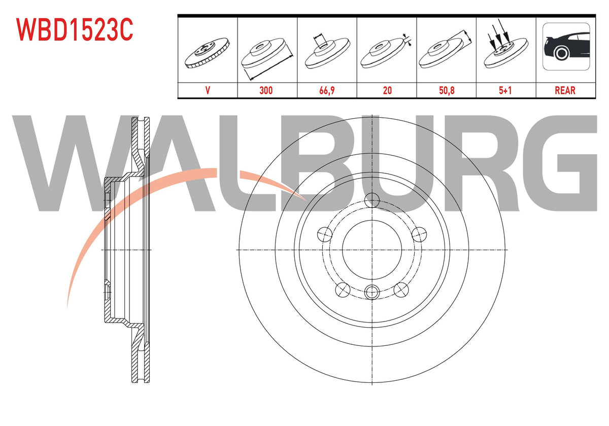 WALBURG WBD1523C Brake Disc Rear Air Coated 5 Bjn 300X20x66,9X50 — Brake Rotors & Drums
