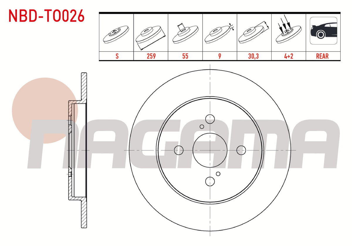 NAGAMA NBD-TO026 Brake Disc Rear Straight 4 Bjn 259X9x55x30 — Brake Rotors & Drums