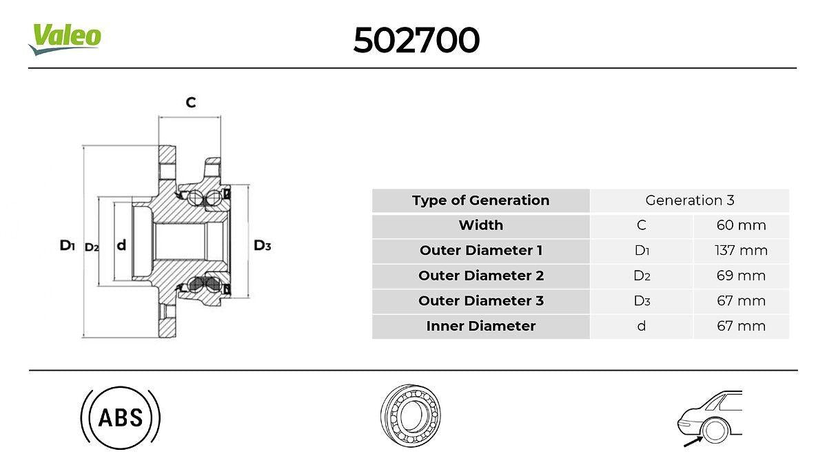 Valeo 502700 Wheel Bearing Rear (Wheel Hub, 4 Lug, ABS LI) Mitsubishi Colt VI (Z2-Z) 04 > Smart Forfour (454 — Wheel Bearings