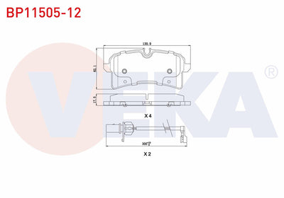 Veka BP11505-12 Brake Pad Rear with Connector Audi A8 (4H_) 3.0 TDI 2009-/ 3.0 TFSI 2009-/ 4.2 TDI 2009-/ 2.0 TF — Brake Pads