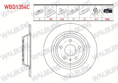 WALBURG WBD1354C Brake Disc Rear Straight Coated 5 Bjn 302X11x63 — Brake Rotors & Drums