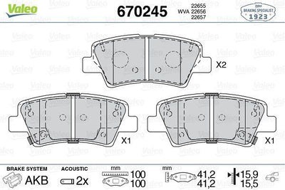 Valeo 670245 Brake Pad Rear Hyundai Accent Blue 11-/Bayon 21-/Elantra 11-/i20 15-/i30 11-/I40 11-/Tucson 08-10/2 — Brake Pads