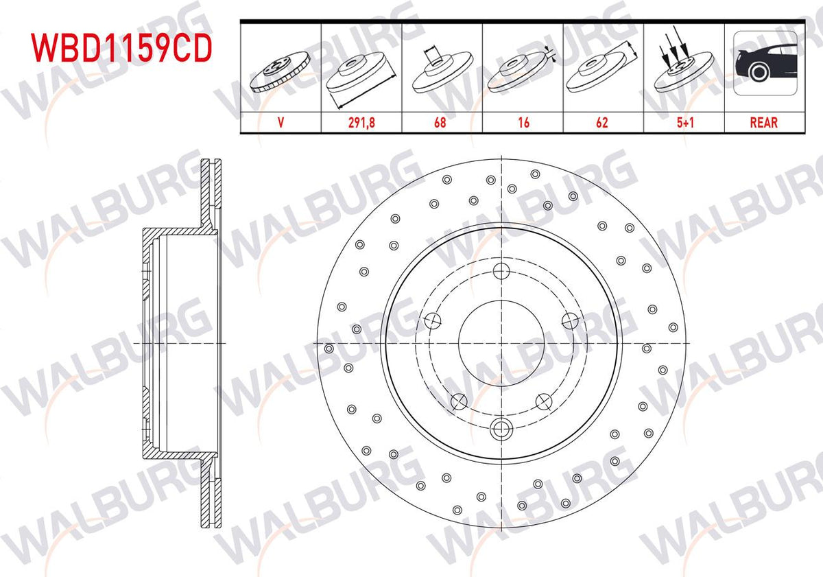 WALBURG WBD1159CD Brake Disc Rear Air Coated Performance Drilled 5 Bjn 291 — Brake Rotors & Drums