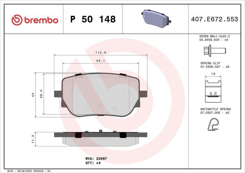 BREMBO P50148 Brake Pads - Sport Type for Mercedes W118, W177, W247