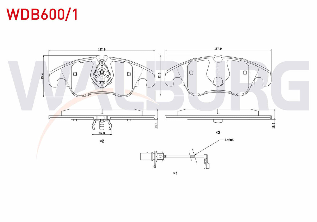 WALBURG WDB600/1 Brake Pad Front with Connector A4 (8K2,B8) 2.0 TFSI 2007-2015 / 2.0 TDI 2007-2015 / A5 (8T3) 3. — Brake Pads