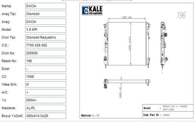Kale 0528292AL Radiator Clio II Kangoo Logan Symbol I-II 1.2-1.6 1.5 dCi AC — Radiators & Fans