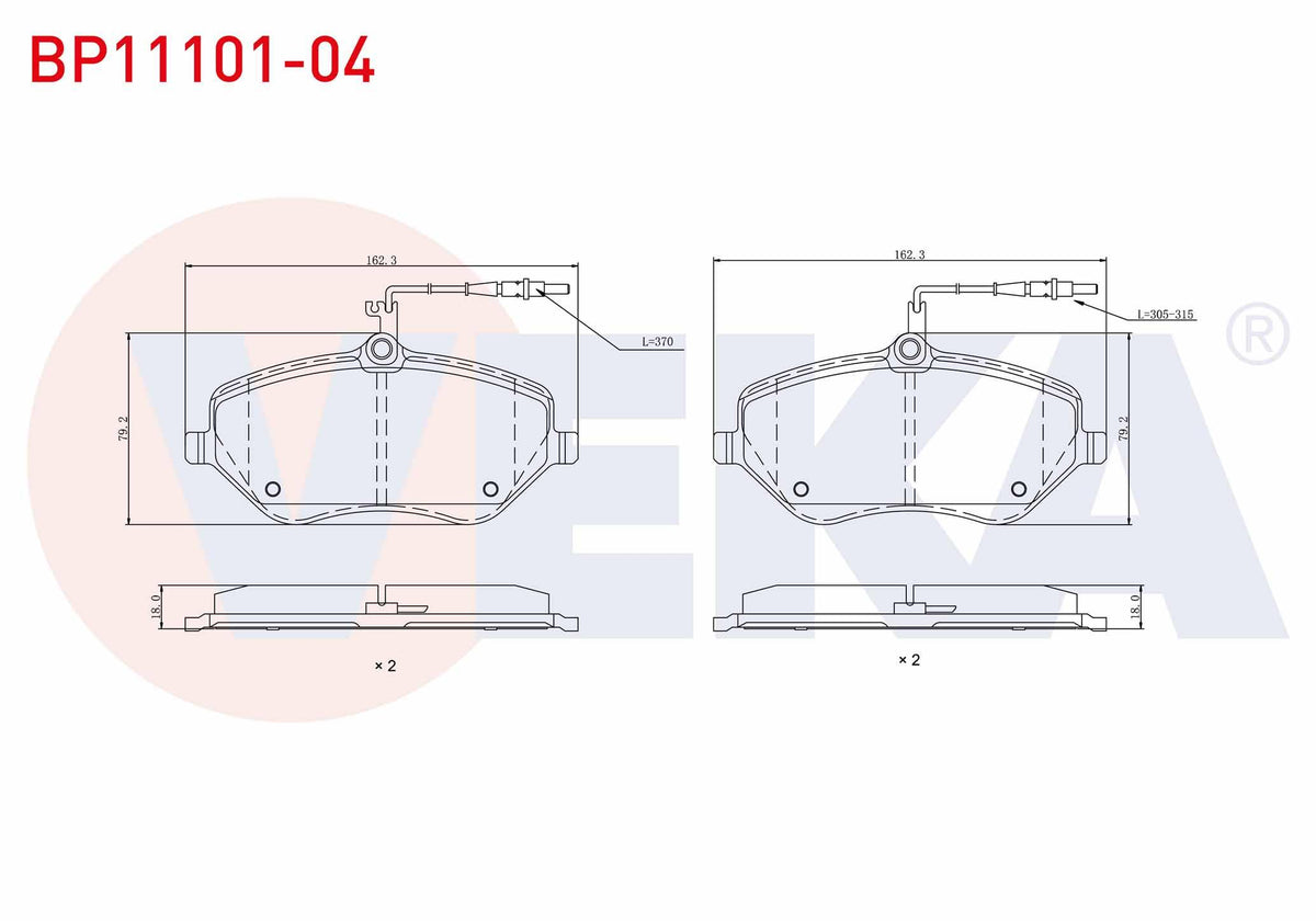 Veka BP11101-04 Brake Pad Front with Connector Peugeot 407 (6D) 2.0 HDi 2004-2011 / Peugeot 407 (6D) 2.0i 2004-2 — Brake Pads