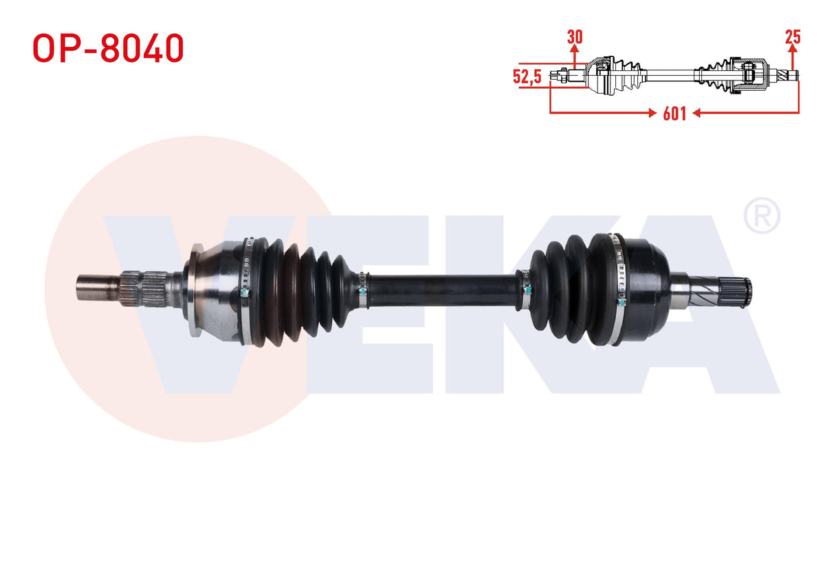 Veka OP-8040 Complete Axle Left Front Opel Astra J 1.6 Turbo (A16let) M-T Length 601mm 2009-2016 — Axles, CV Joints & Boots