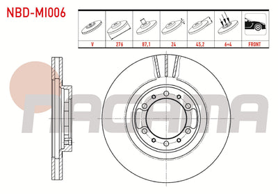 NAGAMA NBD-MI006 Brake Disc Front Air 6 Bjn 276X24x87,1X45,2 Mitsubishi L 200 (K7t,K6t) 2.5 D 4X4 1996-2007 / Pajero II 2.5 TD-2.8 TD-3.5 V6 4X4 1990-1999 | Set of 2