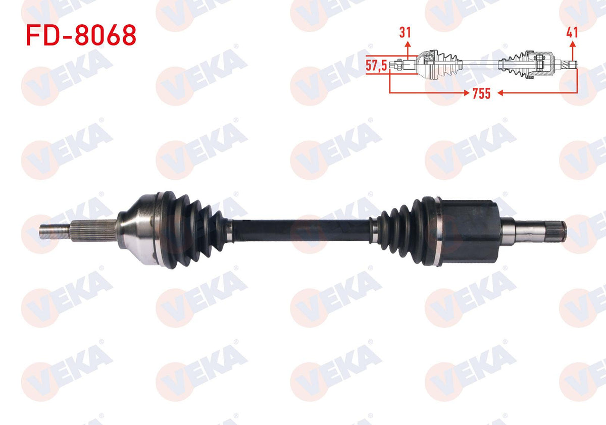 Veka FD-8068 Complete Axle Left Front Length 755mm Ford Transit Custom (V362) Long Chassis 2.2 TDC — Axles, CV Joints & Boots