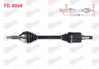 Veka FD-8068 Complete Axle Left Front Length 755mm Ford Transit Custom (V362) Long Chassis 2.2 TDC — Axles, CV Joints & Boots