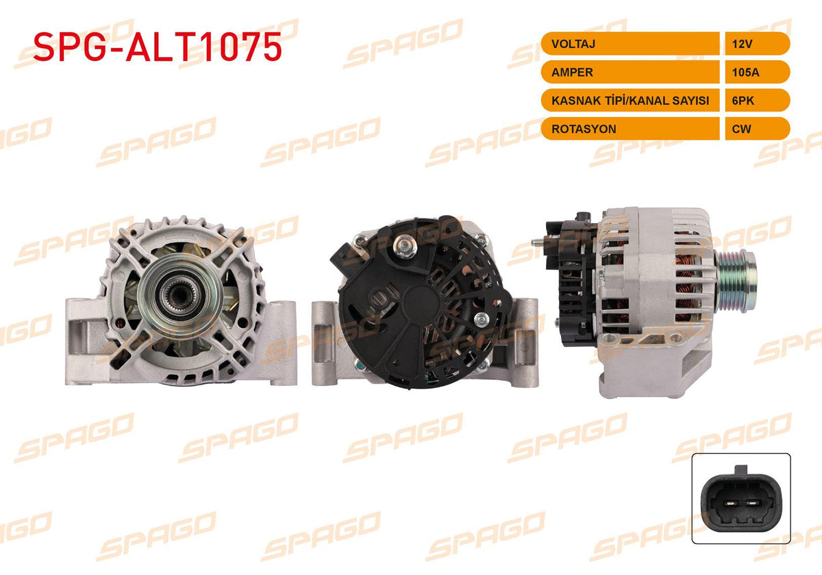 SPAGO SPG-ALT1075 Alternator 12V 105A 6Pk (Alt4428) Astra H 05-10-Corsa D 06-14-Meriva 10-14 (1.3 CDTi — Starting & Charging