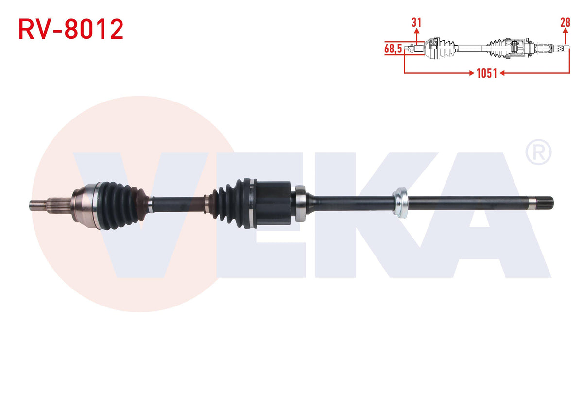 Veka RV-8012 Complete Axle Right Front Length 1051mm Land Rover Evoque (L538) 2.0 Td4-2.2 Td4 A-T — Axles, CV Joints & Boots