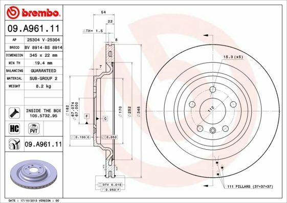 Brembo 09.A961.11 Brake Disc for 4 Matic Vehicles — Brake Rotors & Drums
