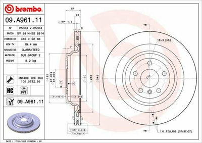 Brembo 09.A961.11 Brake Disc for 4 Matic Vehicles 13.6 in Diameter — Brake Rotors & Drums
