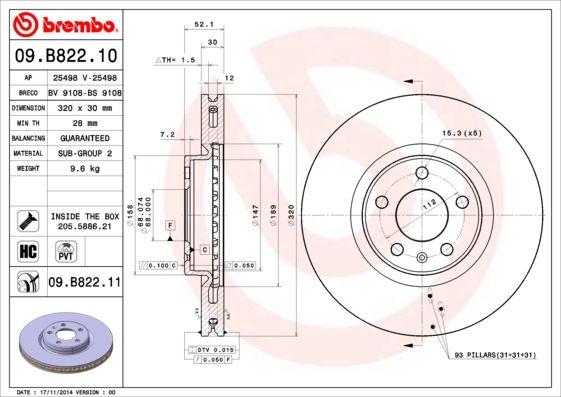 Brembo 09.B822.11 Brake Disc Front UV Coated Audi Q5 — Brake Rotors & Drums